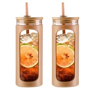 NEW 2 Pack- 20oz Glass Tumbler with Straw and Bamboo Lid- Amber